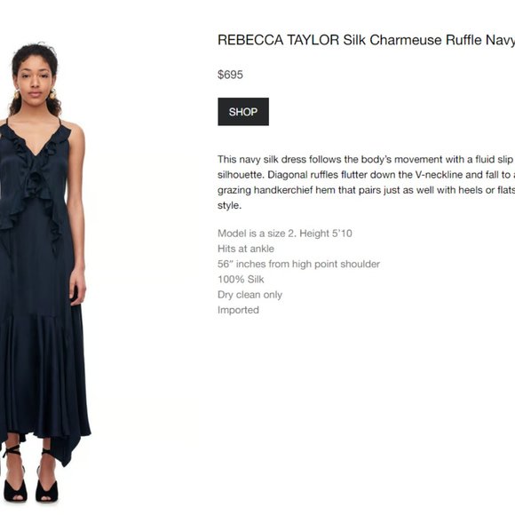 Rebecca Taylor Silk Charmeuse Ruffle Navy Dress- NTW- Size 6- Retail $695 - Picture 3 of 8
